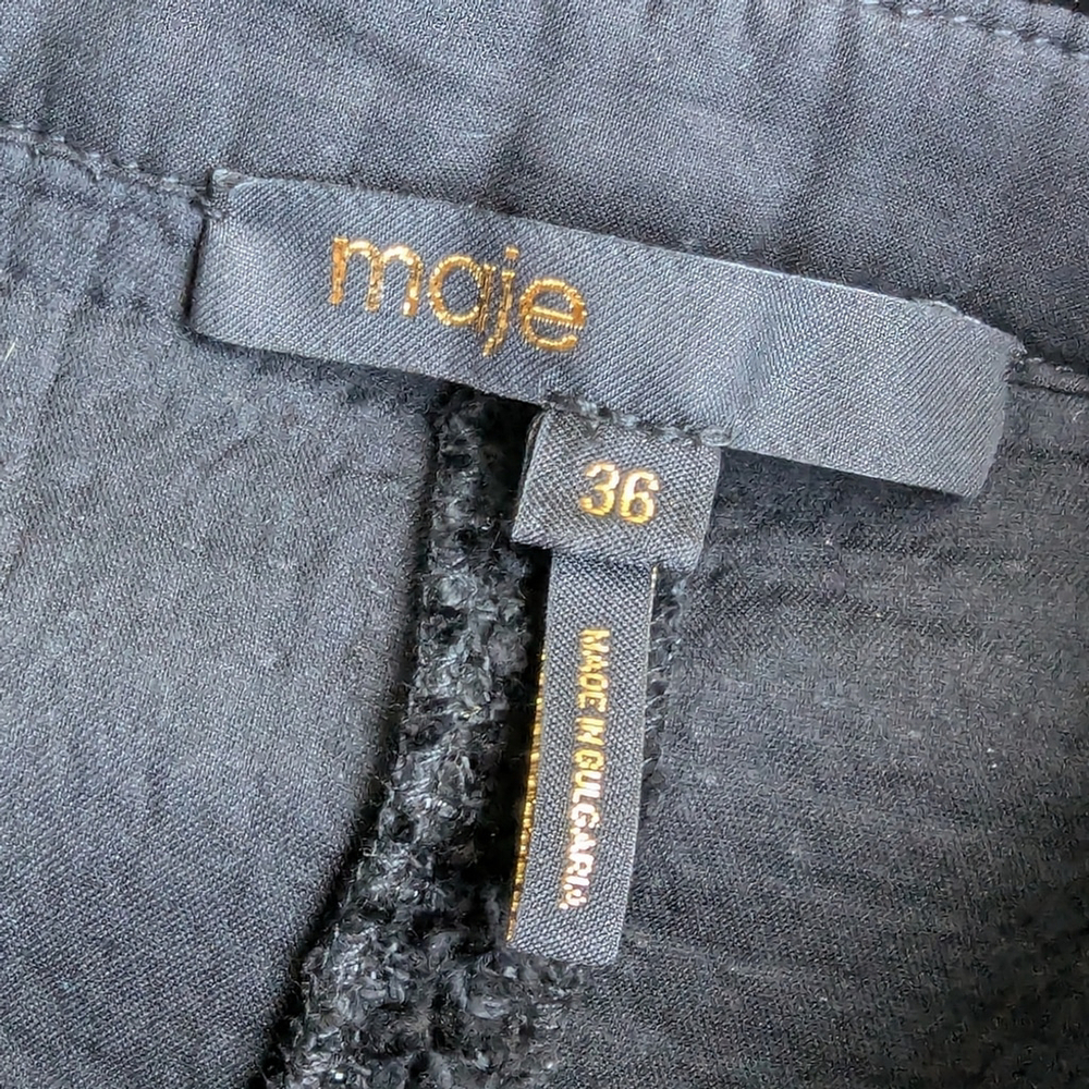 Maje Tweed Black Velvet Rinili Mini Dress Faux Leather Trim Pockets Sz 36 / US 4 - Picture 7 of 15